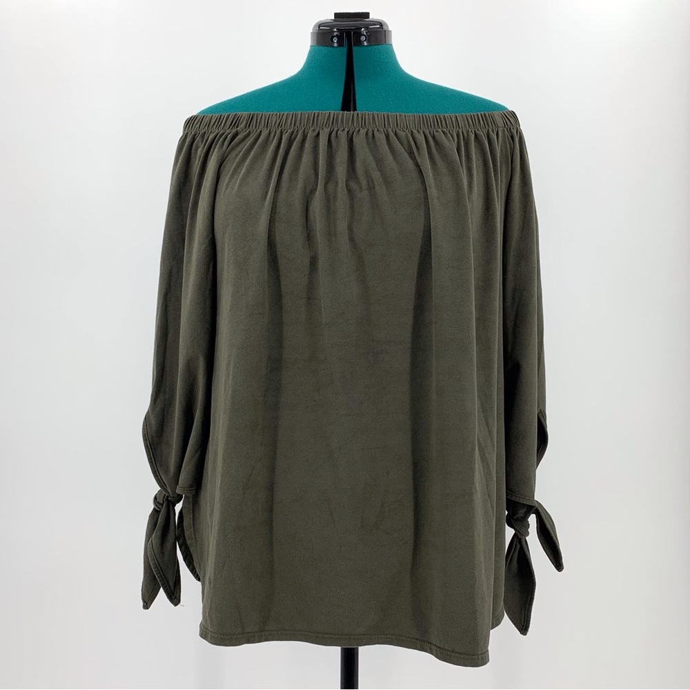 Peppermint Moss Green Microsuede Off-the-Shoulder 3/4 Tie Sleeve Top, Medium